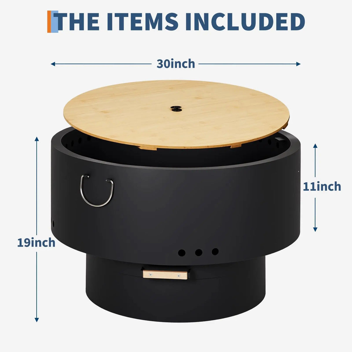 30 Inch Smokeless Fire Pit Table With Bamboo Lid, Removable Ash Pan And Carry Bag, Carbon Steel Outdoor Firepit For Patio Camping