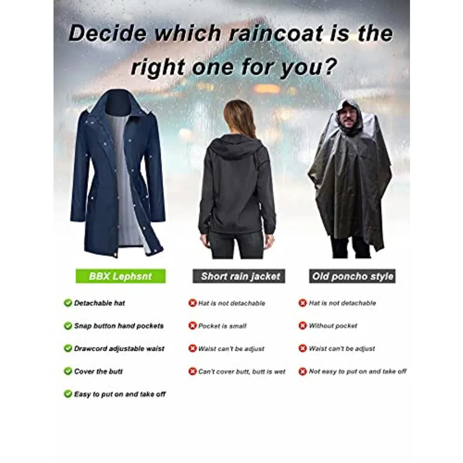 Rain Coats for Women Waterproof Rain Jacket Lightweight Windbreaker Outdoor Hooded Trench Coat
