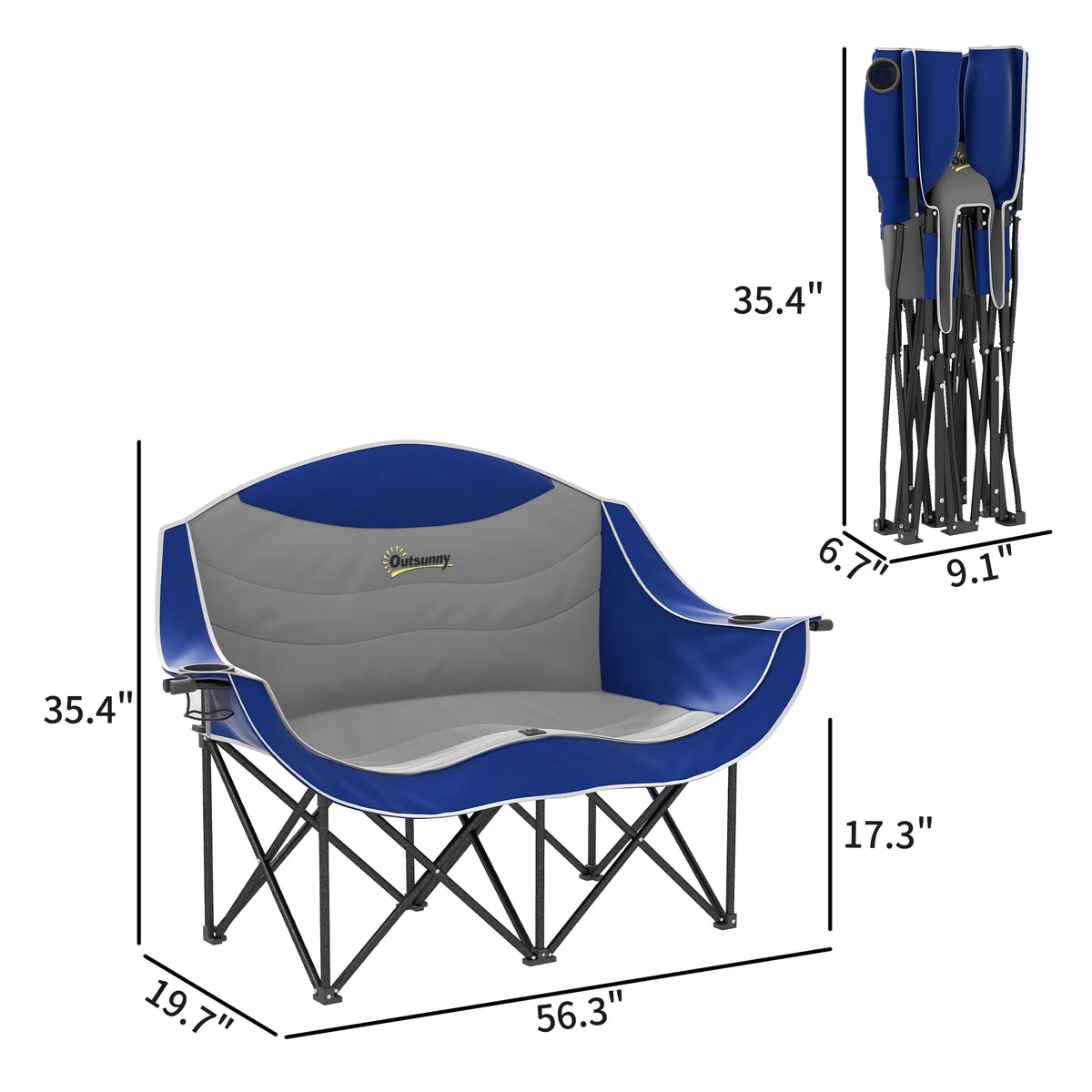Double Camping Chair for Adults, Padded Folding Camp Chair, Blue