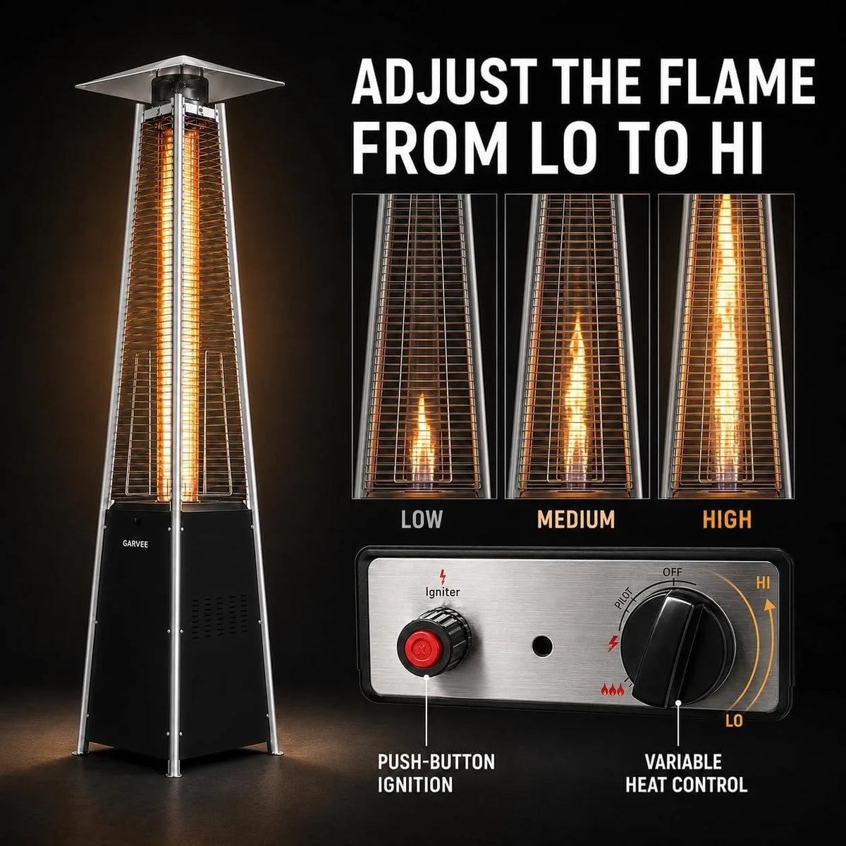 Pyramid Propane Patio Heater with Glass Tube Flame with Wheels Adjustable Heat Control Standing Heater for Patio Deck Garden Poolside Outdoor Dining
