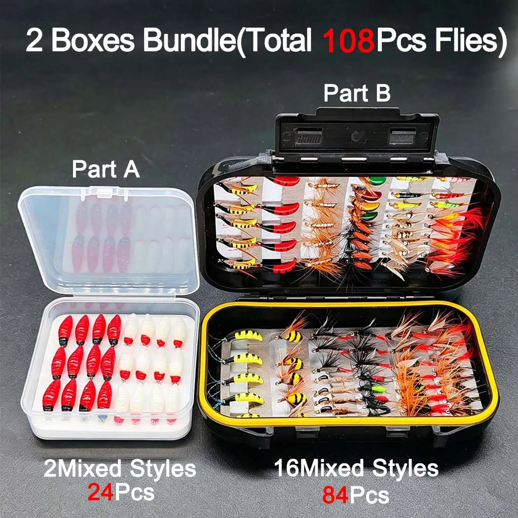 Fly Fishing Flies Assortment Kit-2 Boxes Bundle(Total 108Pcs Flies)Lures with Fly Box for Bass Trout Salmon Fishing Flies Nymphs