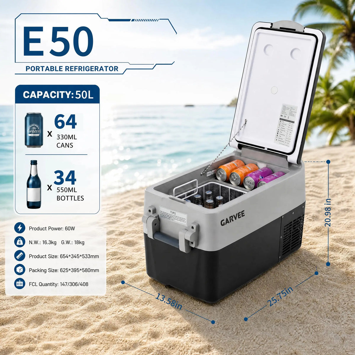 Portable Car Refrigerator 53QT Dual Zone 12V Fridge Freezer With App Control 12/24V DC And 110-240V AC Camping Fishing