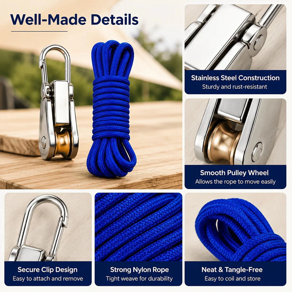 Roller Tensioner, Adjustable Pulley Latch, 66lbs, 6 Hooks + 6x3m Nylon Ropes for Tent Awning Clothesline Gear