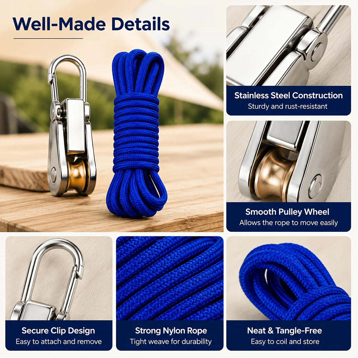 Roller Tensioner, Adjustable Pulley Latch, 66lbs, 6 Hooks + 6x3m Nylon Ropes for Tent Awning Clothesline Gear