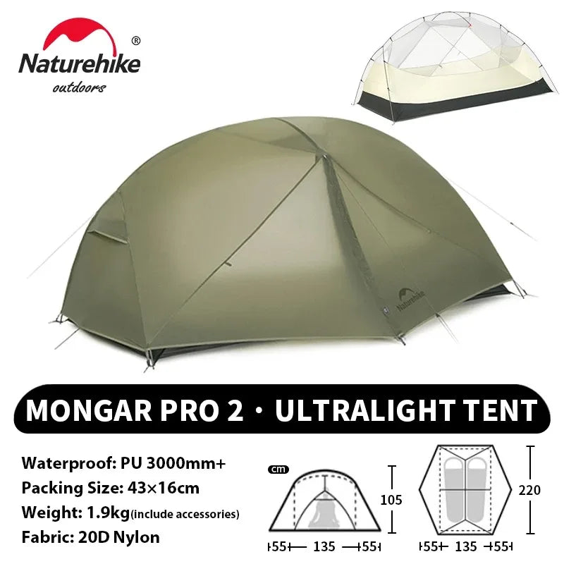 Mongar PRO Ultralight 1/2/3 Person Tent Camping Outdoor Waterproof 20D Nylon Backpacking Travel Cycling Tent