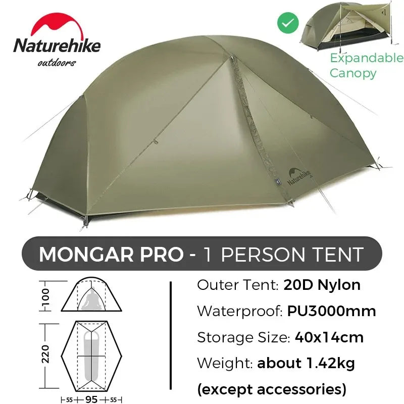 Mongar PRO Ultralight 1/2/3 Person Tent Camping Outdoor Waterproof 20D Nylon Backpacking Travel Cycling Tent