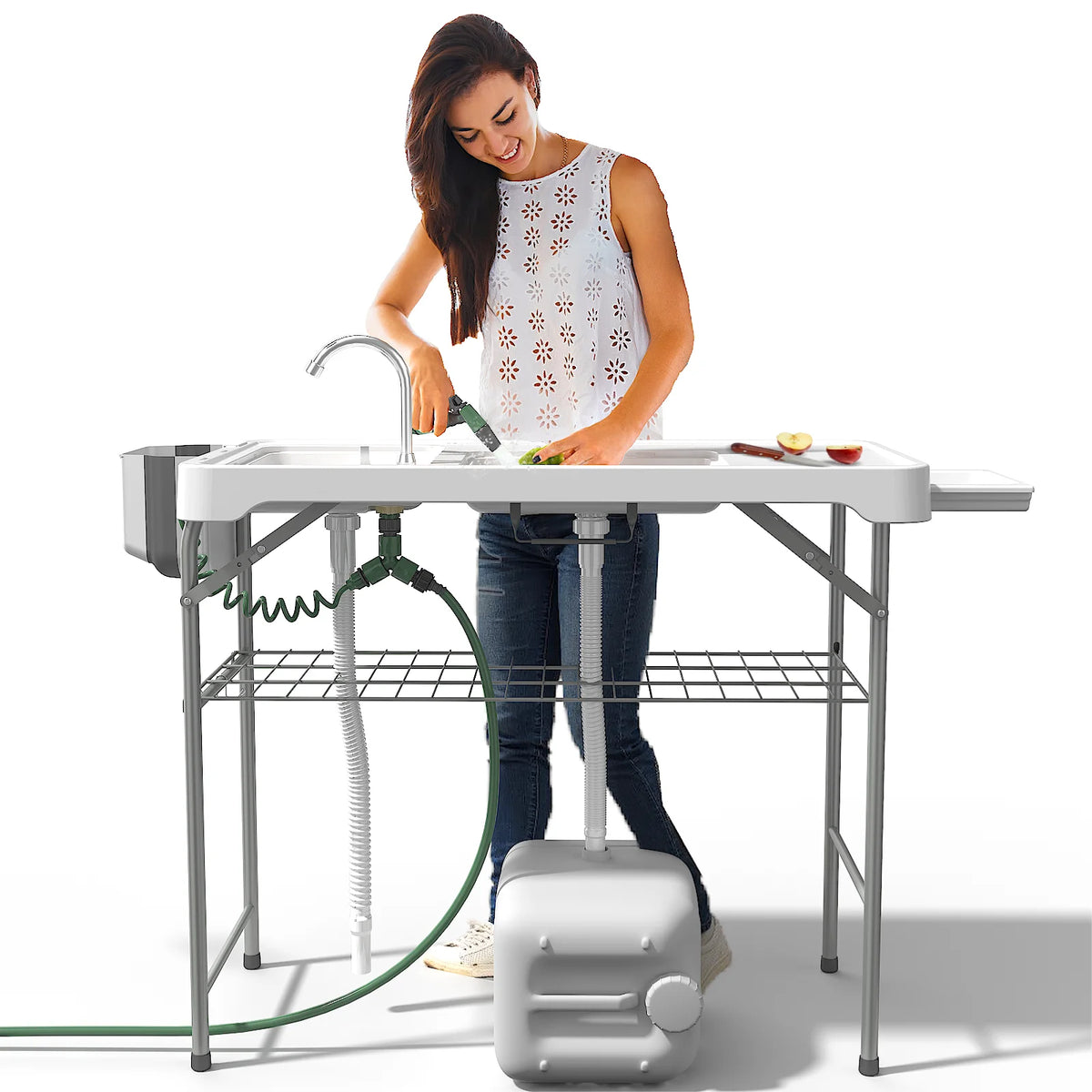 Folding Fish Cleaning Table with Sink, Portable Camping Sink Table, Outdoor Fillet Table for Picnic, Beach & Patio, White