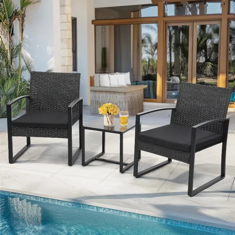 3 Piece Outdoor Wicker Bistro Set Rattan Patio Conversation Set with Coffee Table and Washable Cushions