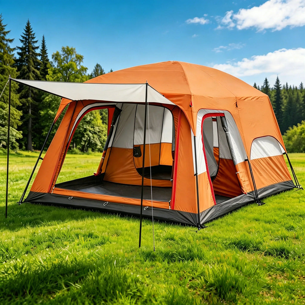 4/8/12-person outdoor family camping tent ; spacious interior ; mesh windows provide ventilation; windproof, waterproof