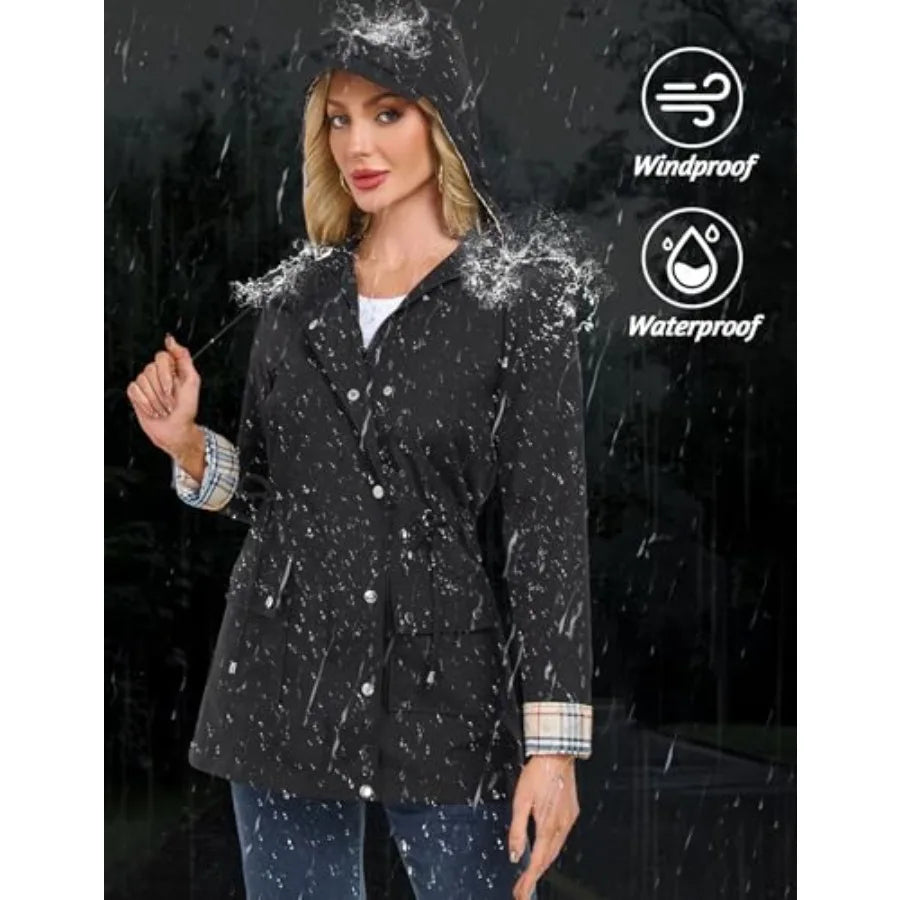 Rain Coats for Women Waterproof Rain Jacket Lightweight Windbreaker Outdoor Hooded Trench Coat
