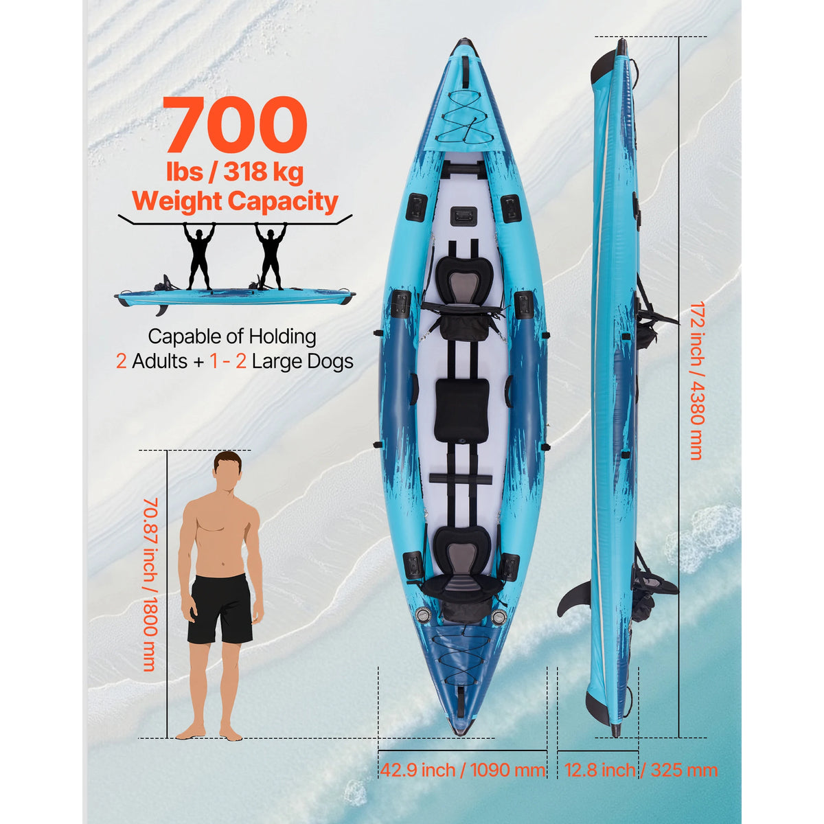 700LBS Inflatable Kayak 2-Person Inflatable Recreational Kayak Leak & Puncture-Resistant with Padded Seat for Fishing