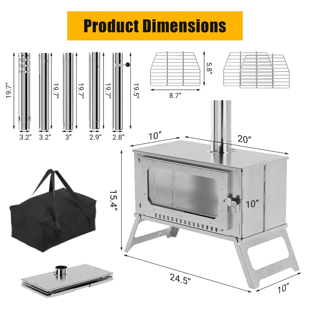 Portable Hot Tent Stove, Wood Burning Stove for Camping, Tent Stove With View Glass, Large Stainless Steel Camping Stove
