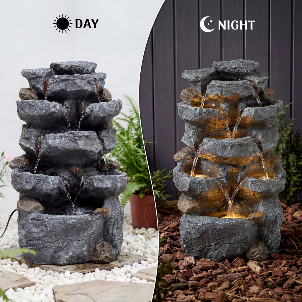 5-Tier Cascading Rock Water Fountain with LED Lights & Adjustable Water Flow, Waterfall Feature for Patio, Backyard