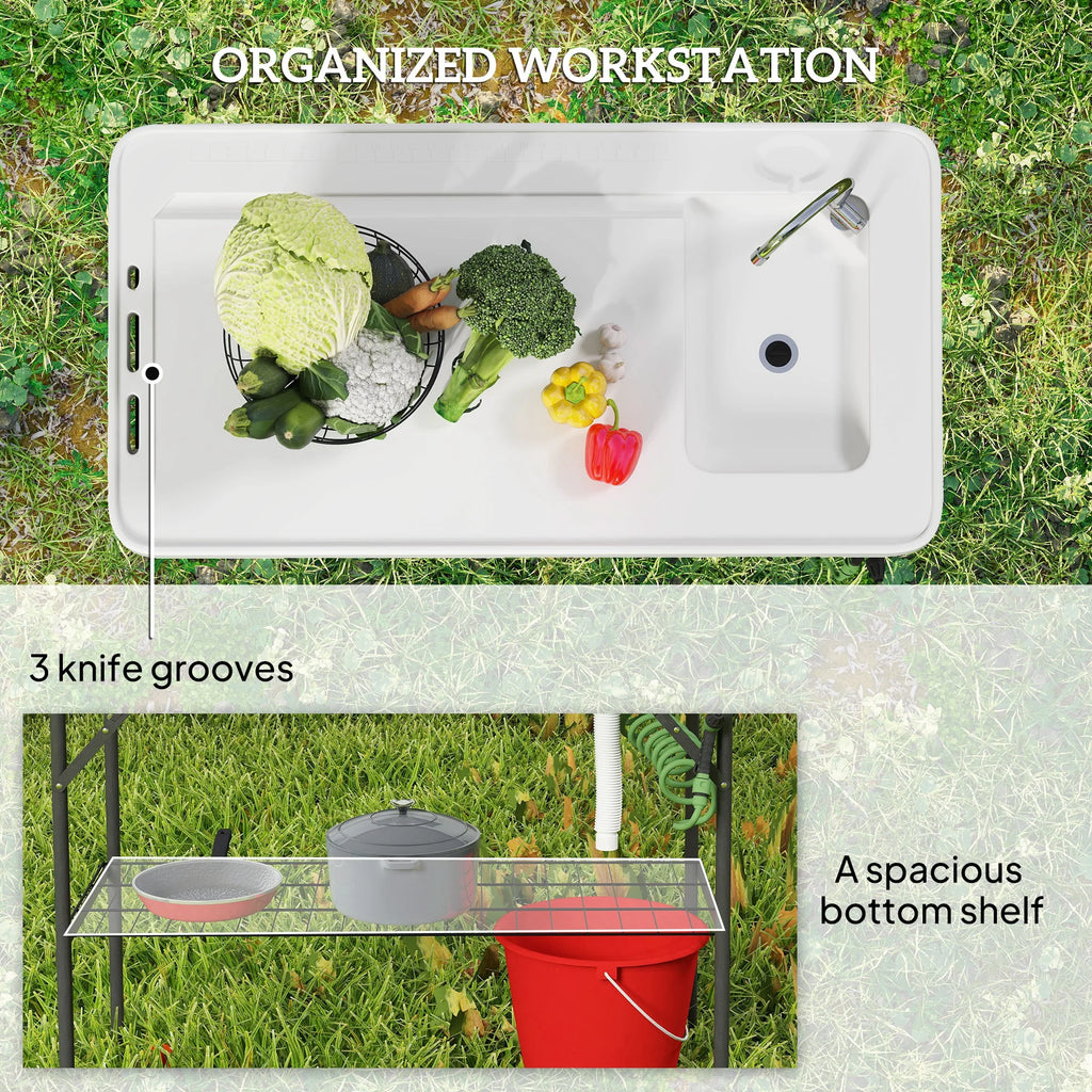 Folding Fish Cleaning Table with Sink, Faucet, Sprayer, White