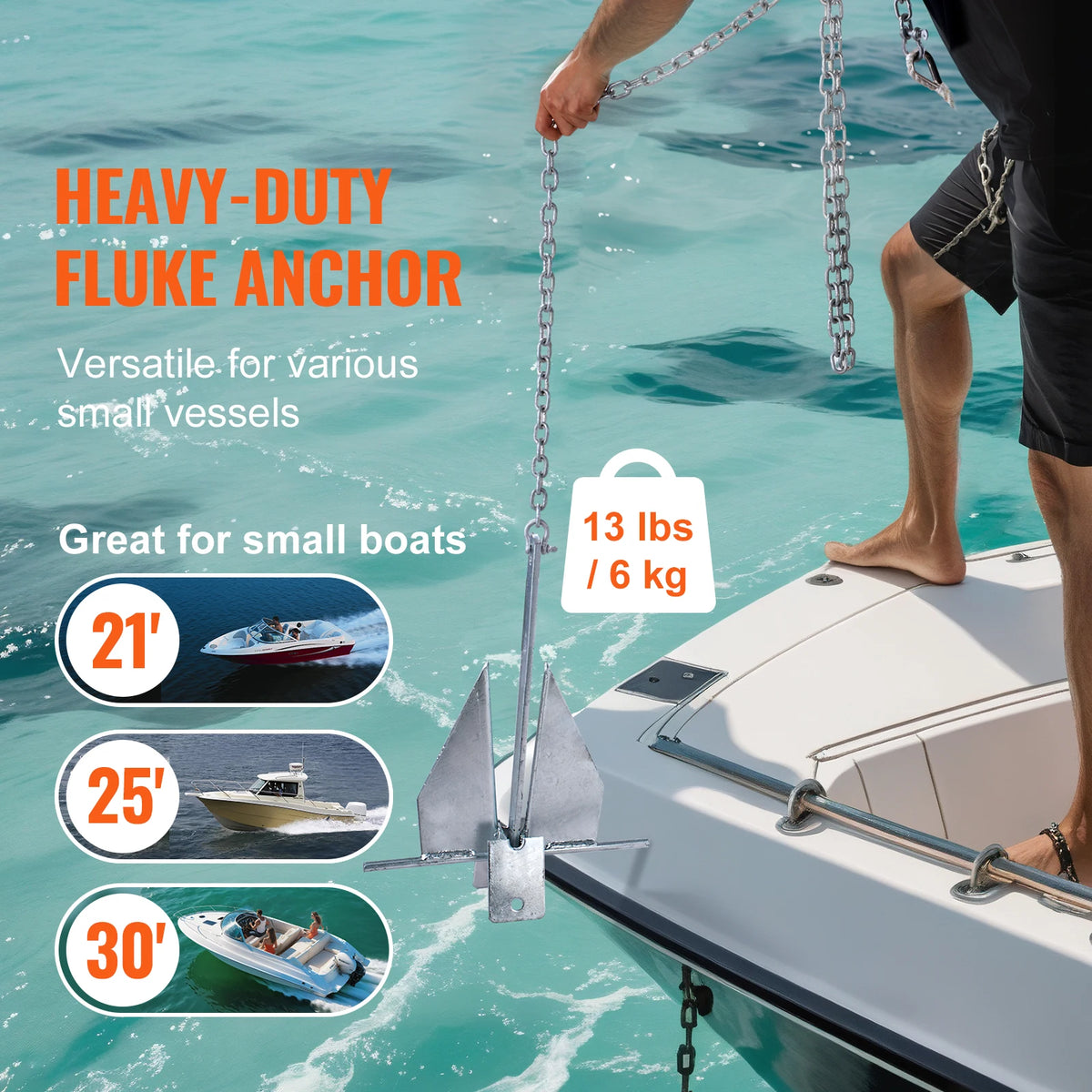 Fluke Style Anchor Kit, 13 LBS Hot-Dipped Galvanized Steel Fluke Anchor with 7.9' Chain 101' Rope and Two 0.4" Shackles