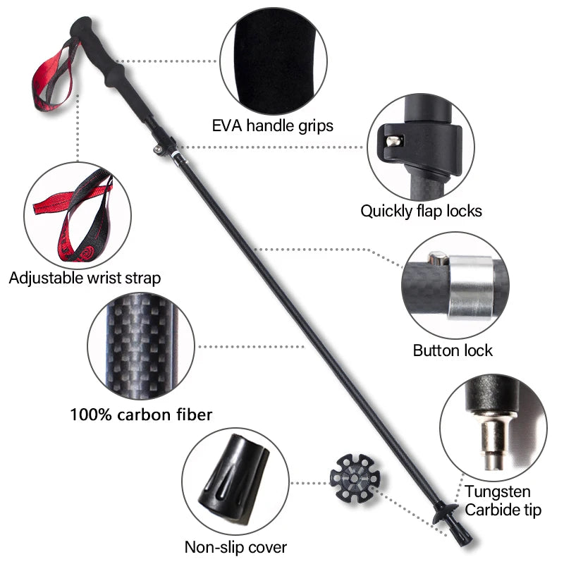 Ultralight Carbon Fiber Trekking Poles Hiking Cane Folding Telescopic Mountain Climbing Pole