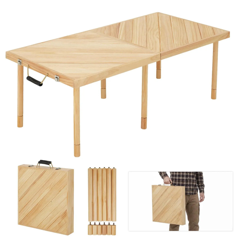 44/60in Solid Wood Folding Picnic Table, Adjustable Height Portable Low Table With Carry Handle, Compact Outdoor Camping