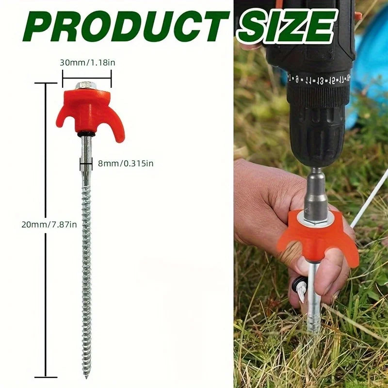 Heavy-Duty 4pcs Iron Hexagonal Threaded Tent Stakes - Red Plastic Handle & Metal Screws - Camping, and Outdoor Gear Accessories