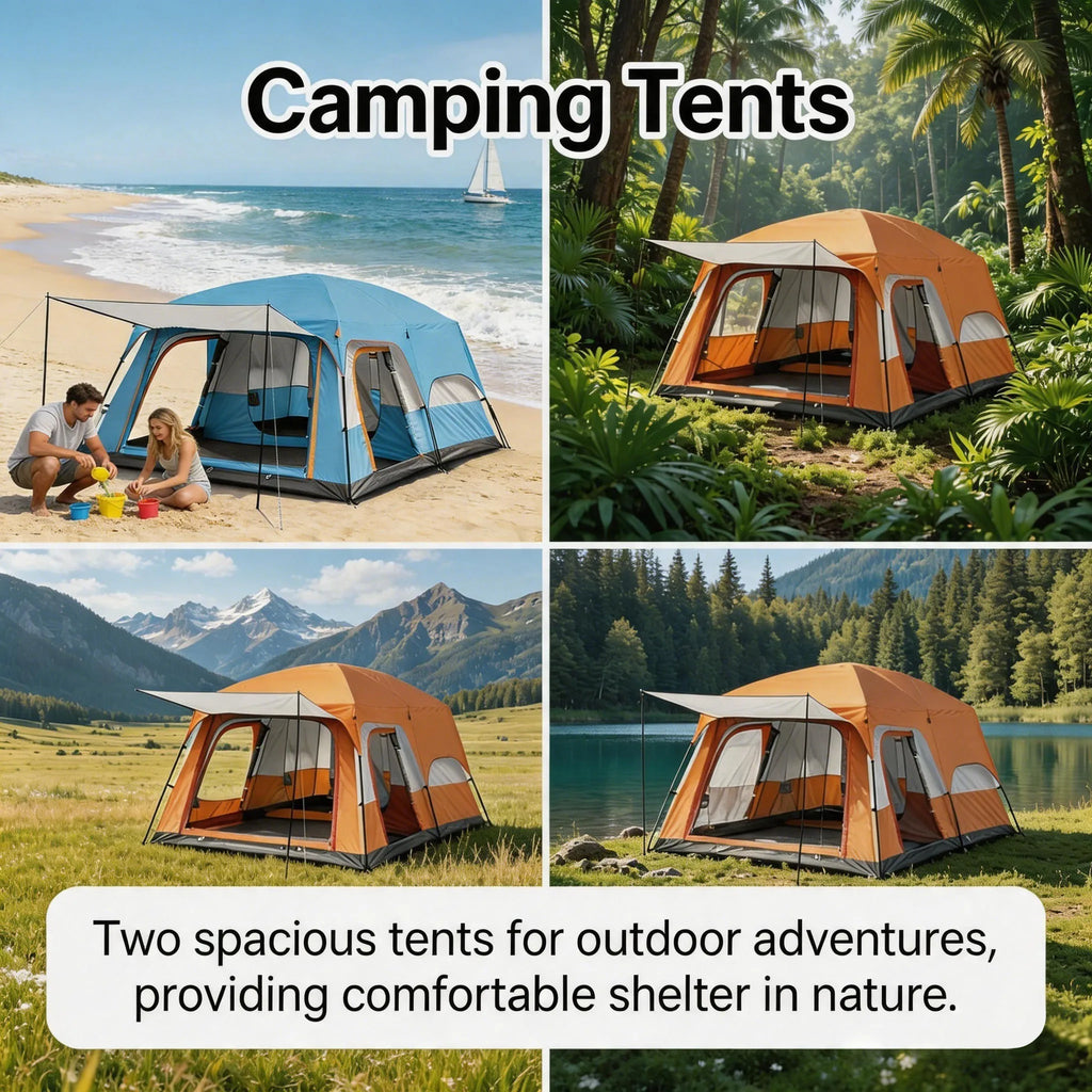 4/8/12-person outdoor family camping tent ; spacious interior ; mesh windows provide ventilation; windproof, waterproof