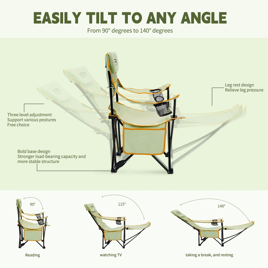 2-in-1 Reclining Camping Chair with Footrest, Foldable Outdoor Lounge Chair with Cup Holder
