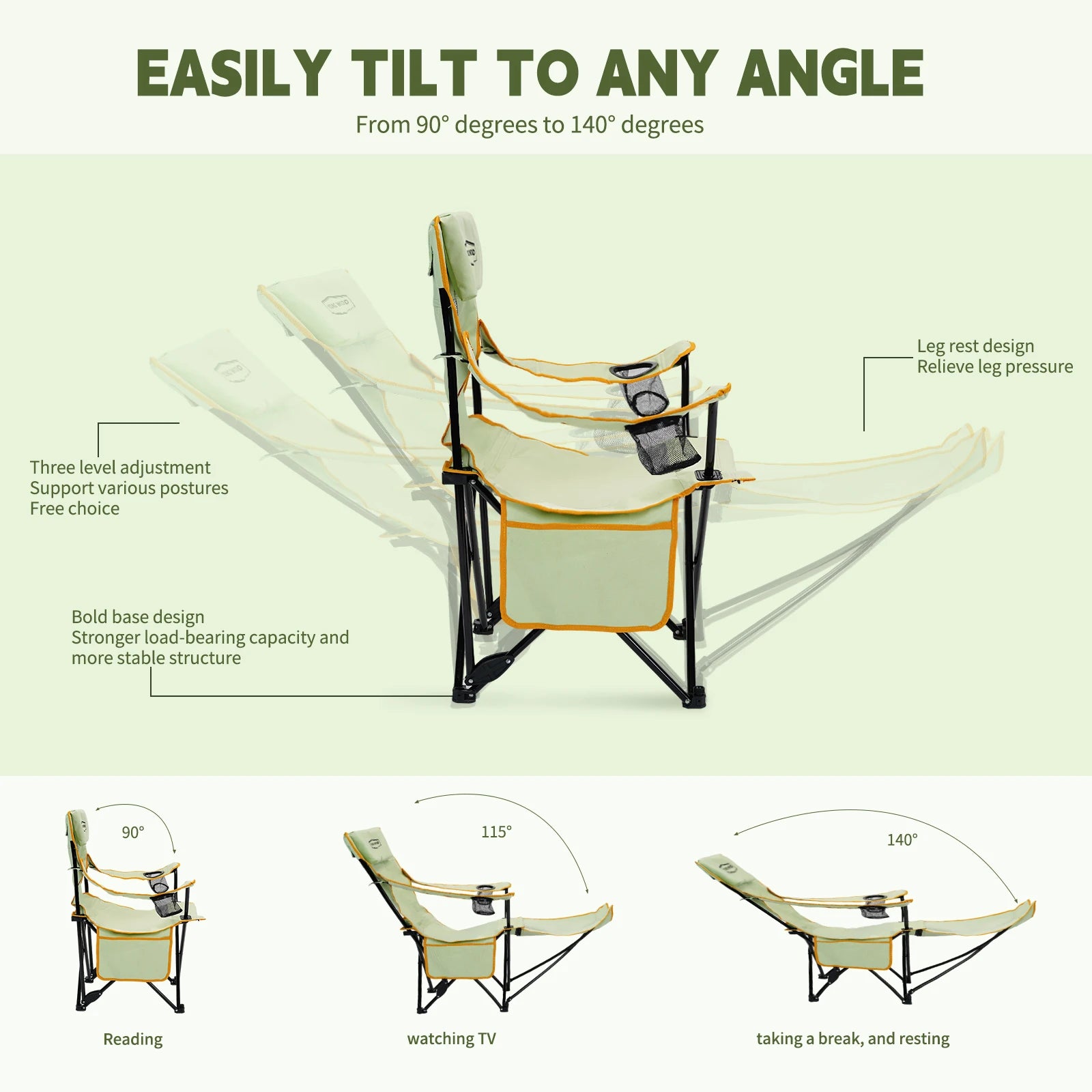 2-in-1 Reclining Camping Chair with Footrest, Foldable Outdoor Lounge Chair with Cup Holder
