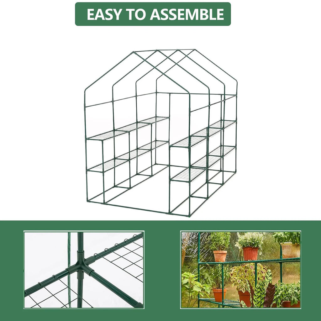 57x85x77in Walk-In Greenhouse With 8 Shelves, PE Cover, Mesh Windows & Zipper Door, Heavy Duty Plant House
