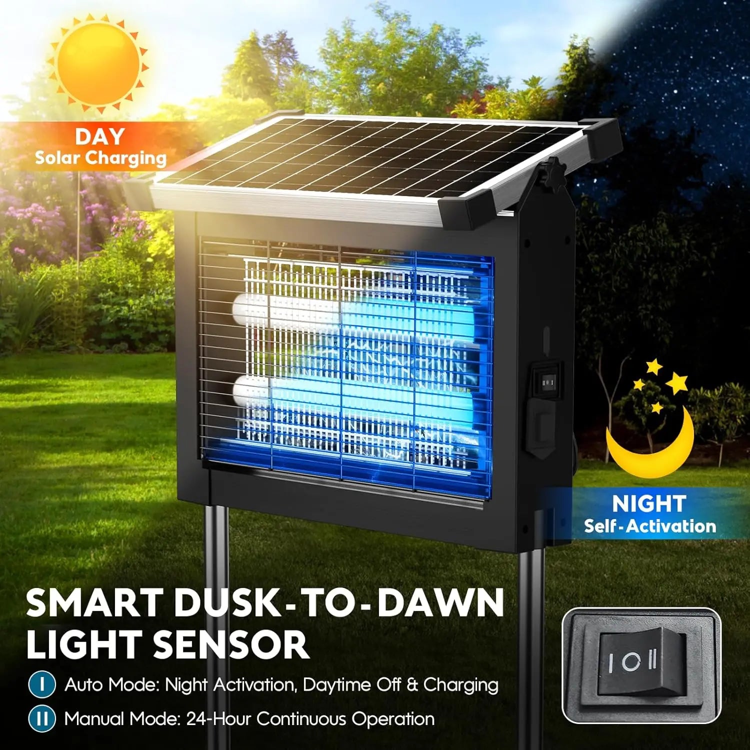 Solar Bug Zapper Outdoor, 4500V Mosquito Zapper with Panel Sensor, Waterproof Patio Camping