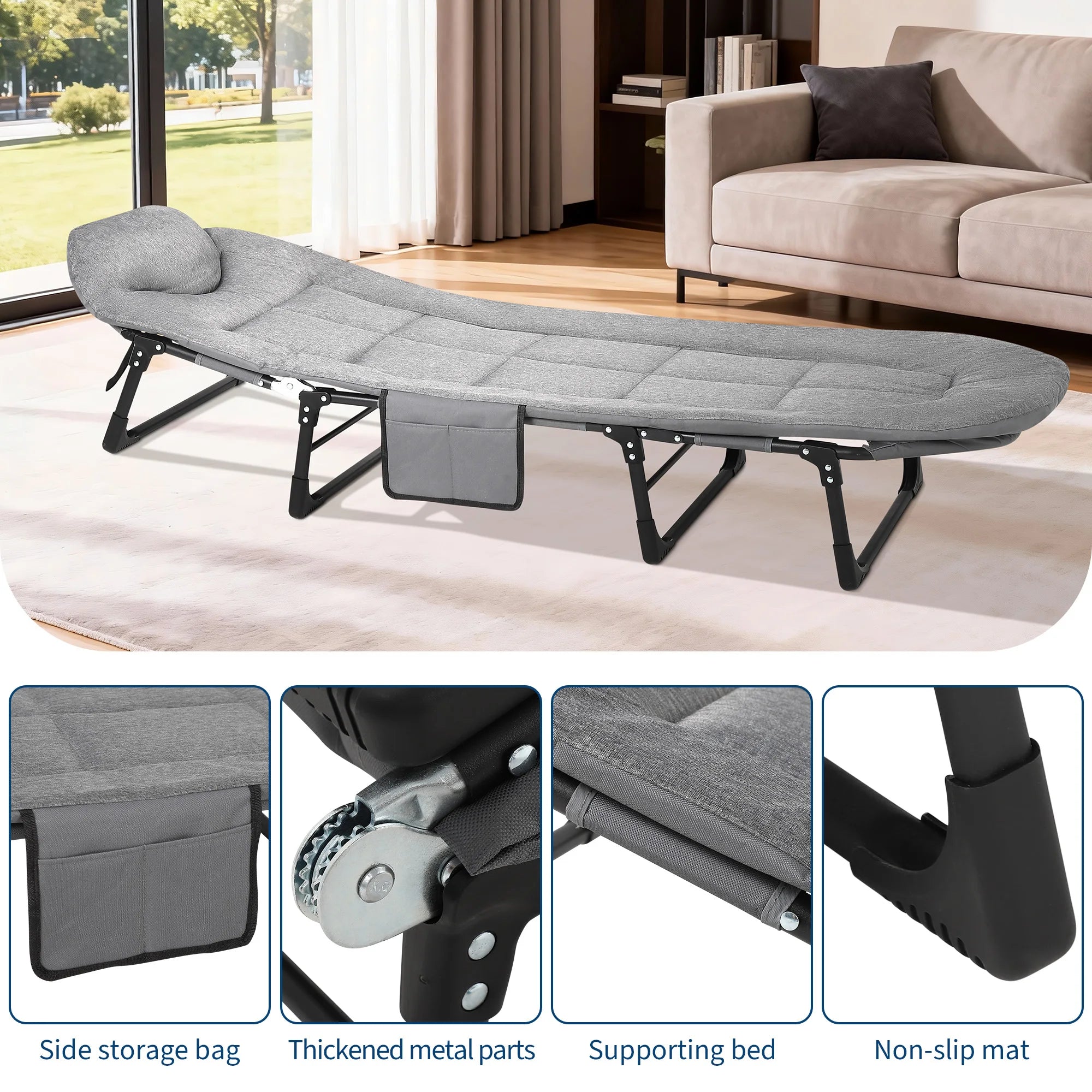 Portable Folding Bed with Cushion and Pillow, Camping Cot for Adults Supports 500 Lbs
