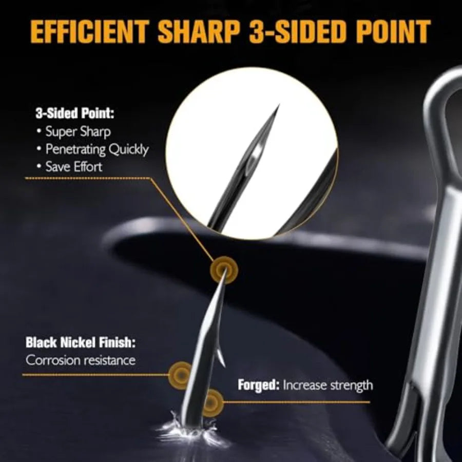 Fishing Treble Hooks, 3X Strong Forged Replacement Hooks for Lures 3-Sided Points, High-Carbon Steel