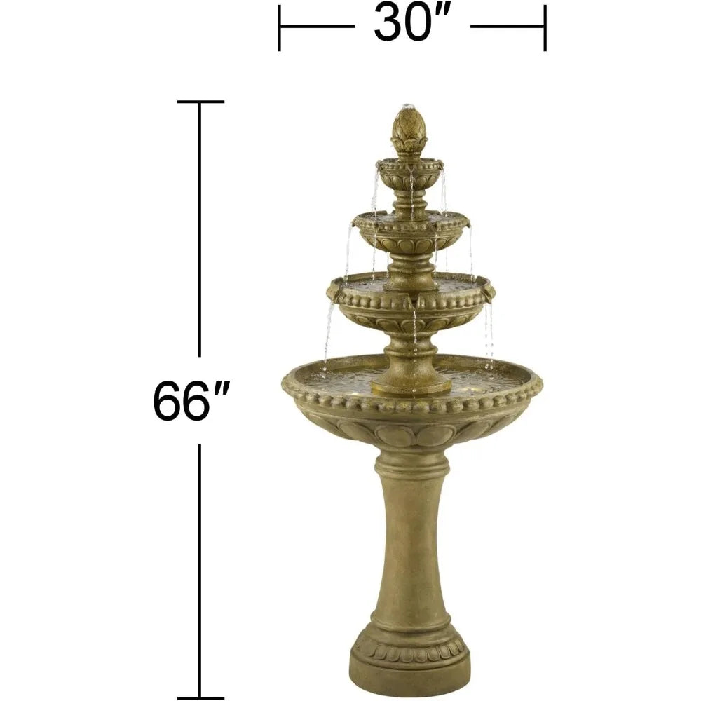 Sag Harbor 66" High Large Italian Outdoor Decor Sand Stone Floor Fountain with Light LED Waterfall 4-Tier Standing Basin Water F