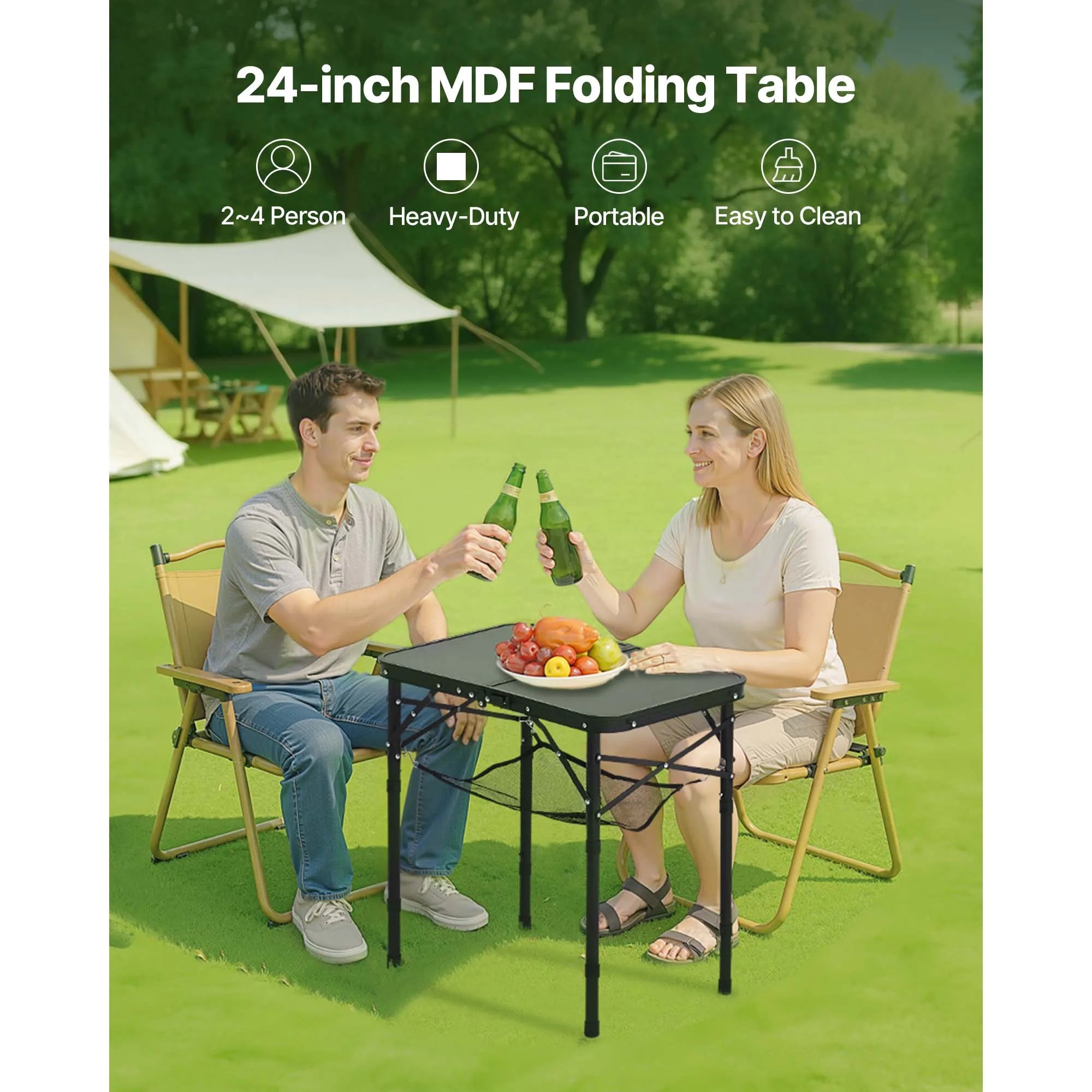 Folding Camping Table Adjustable Height Portable Side Tables Aluminum MDF Beach Table with Mesh Layer
