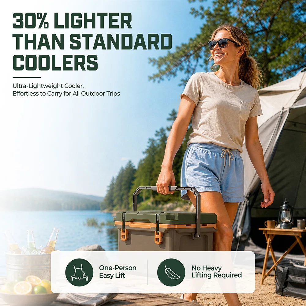 Khaki Grey Ultra Light Hard Cooler, 22QT Refrigerator 7-Day Cooling Leak Proof and Heavy-duty With All Terrain Wheels