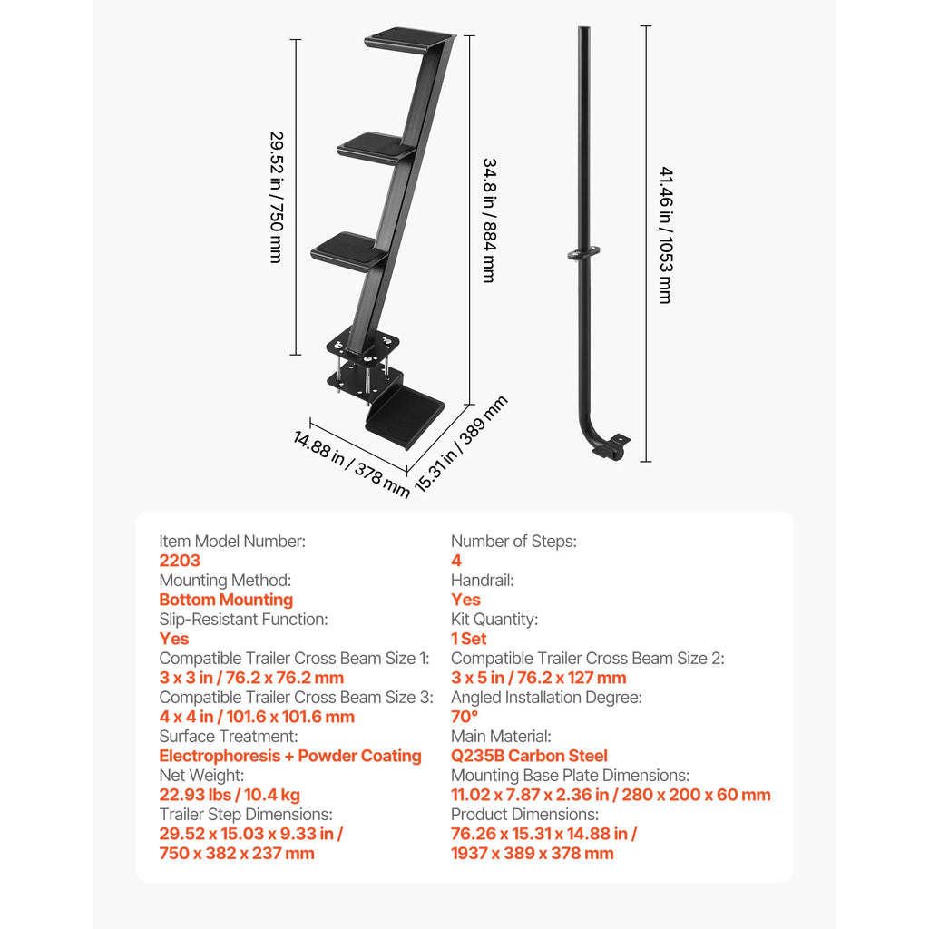 Boat Trailer Steps 2-Step/3-Step/4-Step with Non-Slip Surface 3 Mounting Angle Options
