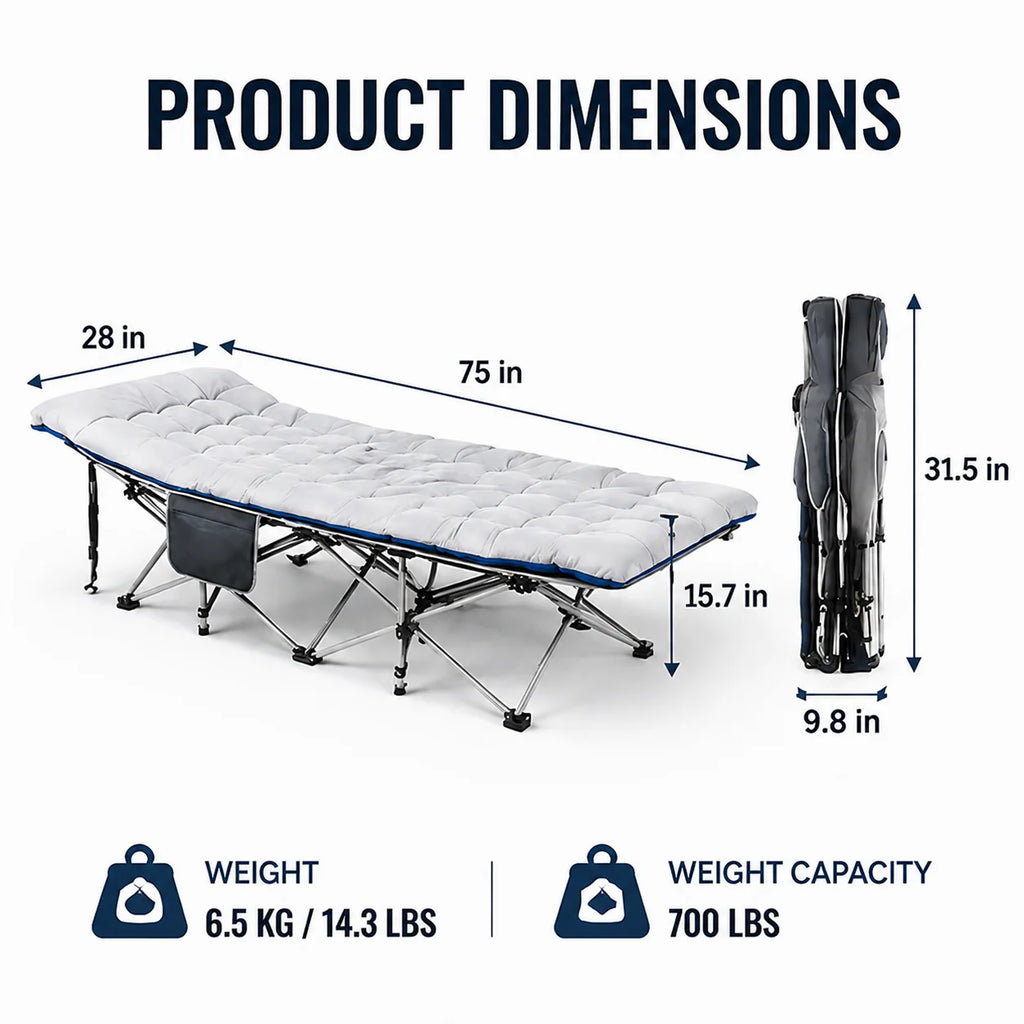 Portable Folding Camping Cot with Thick Mattress – Extra Wide Outdoor Bed with Side Pocket Heavy Duty Steel Frame for Tent, Hiking