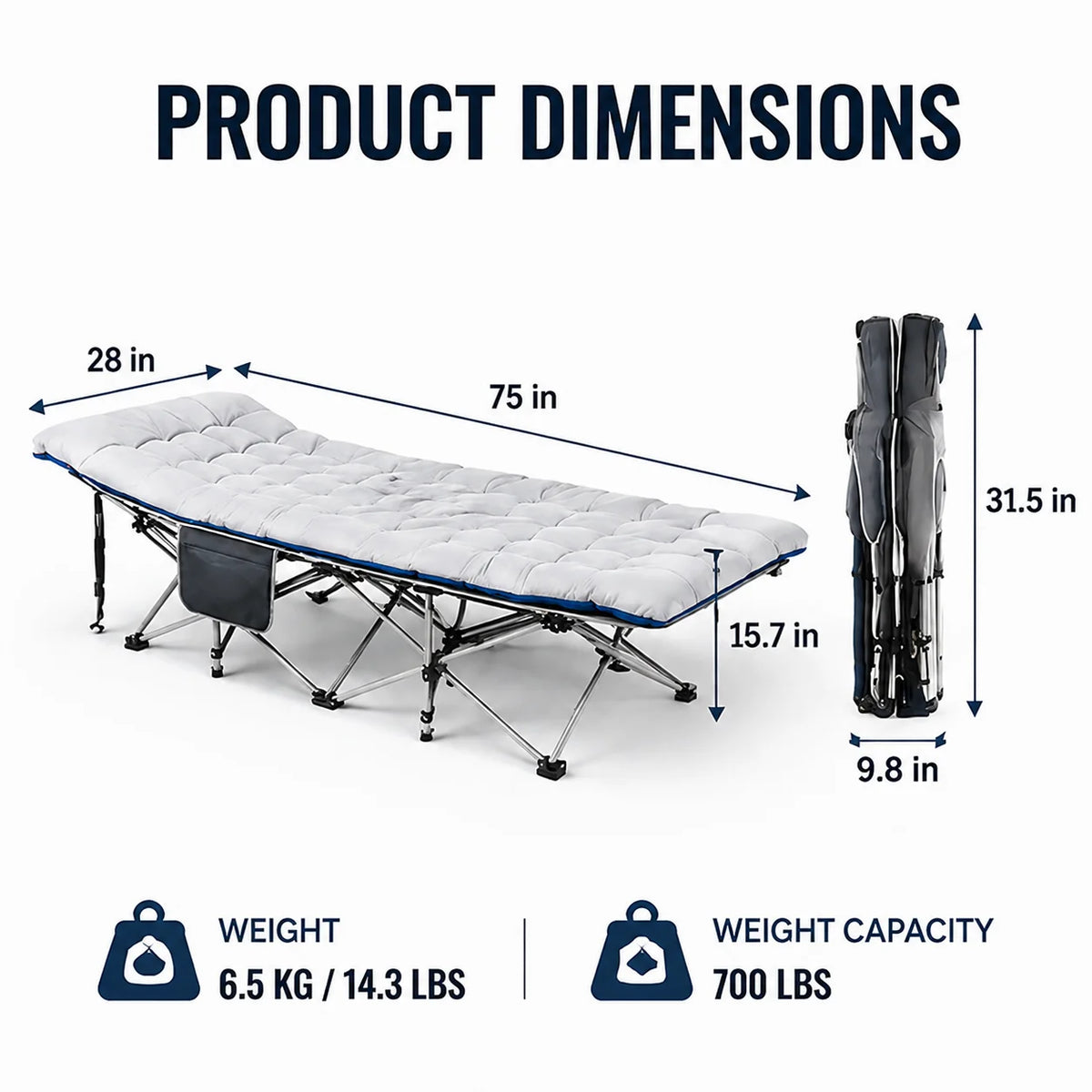 Portable Folding Camping Cot with Thick Mattress – Extra Wide Outdoor Bed with Side Pocket Heavy Duty Steel Frame for Tent, Hiking