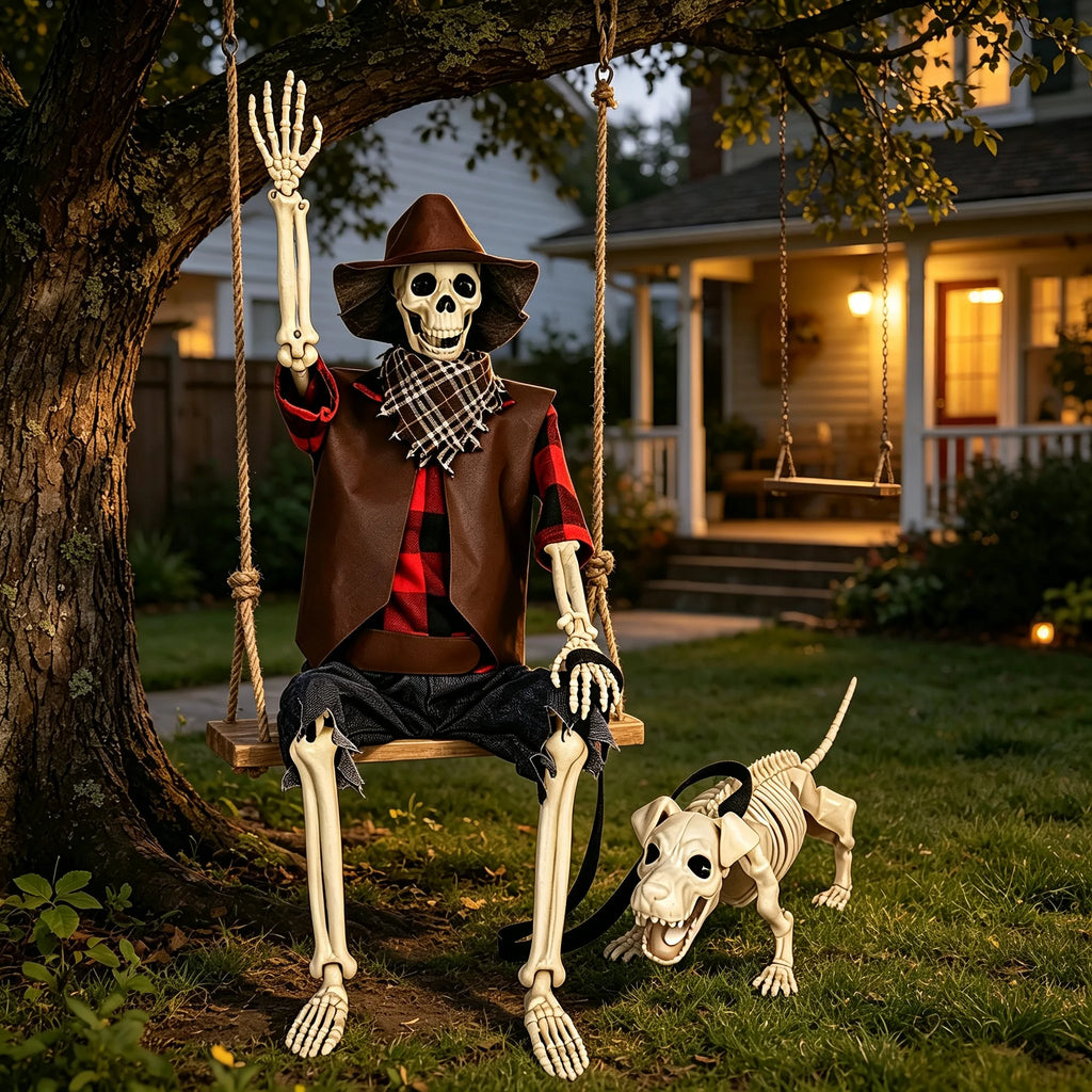 36" Halloween Skeleton Decorations, Posable Skeleton & Dog Outdoor Decor Creepy Halloween Farmer/Cowboy Themed Set