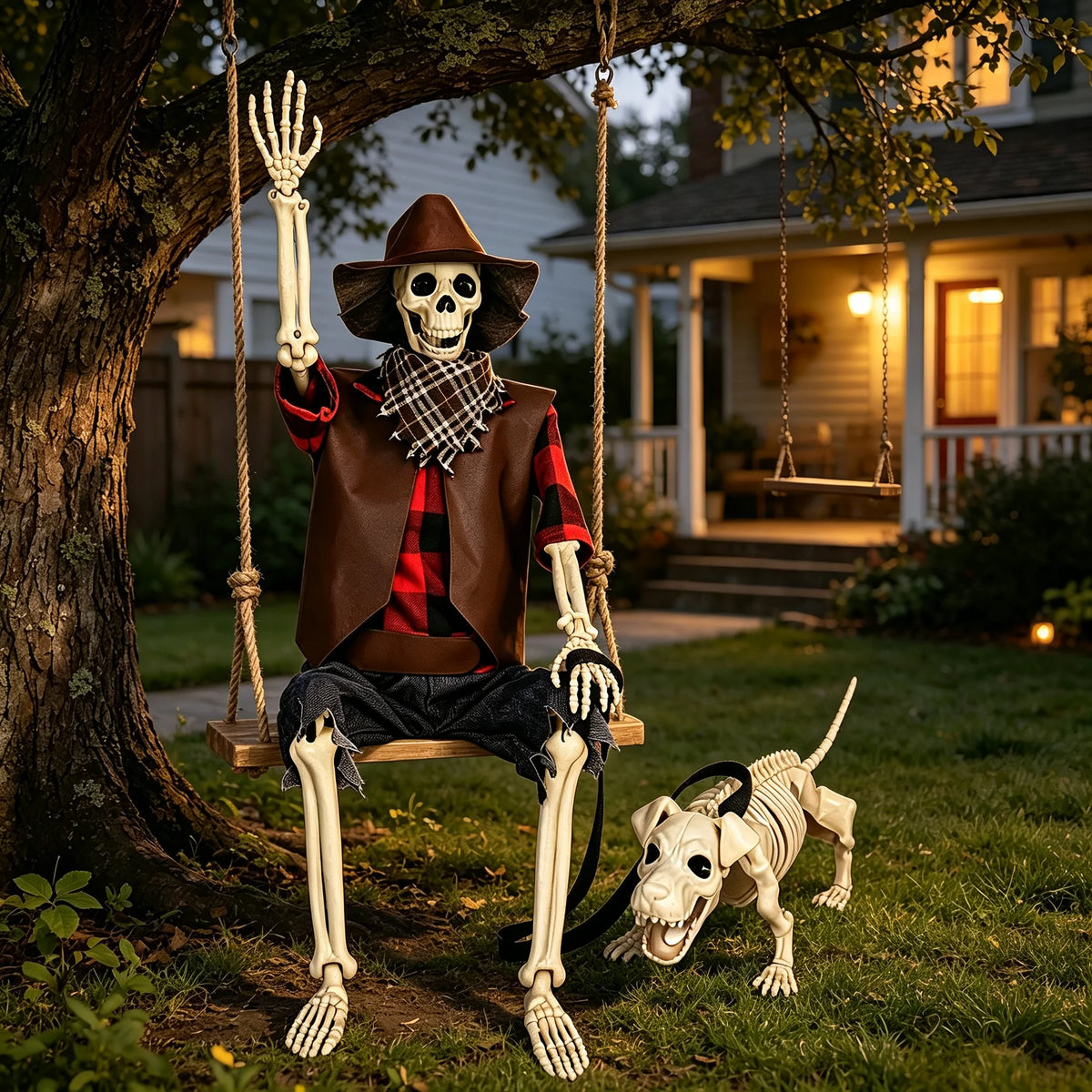 36" Halloween Skeleton Decorations, Posable Skeleton & Dog Outdoor Decor Creepy Halloween Farmer/Cowboy Themed Set