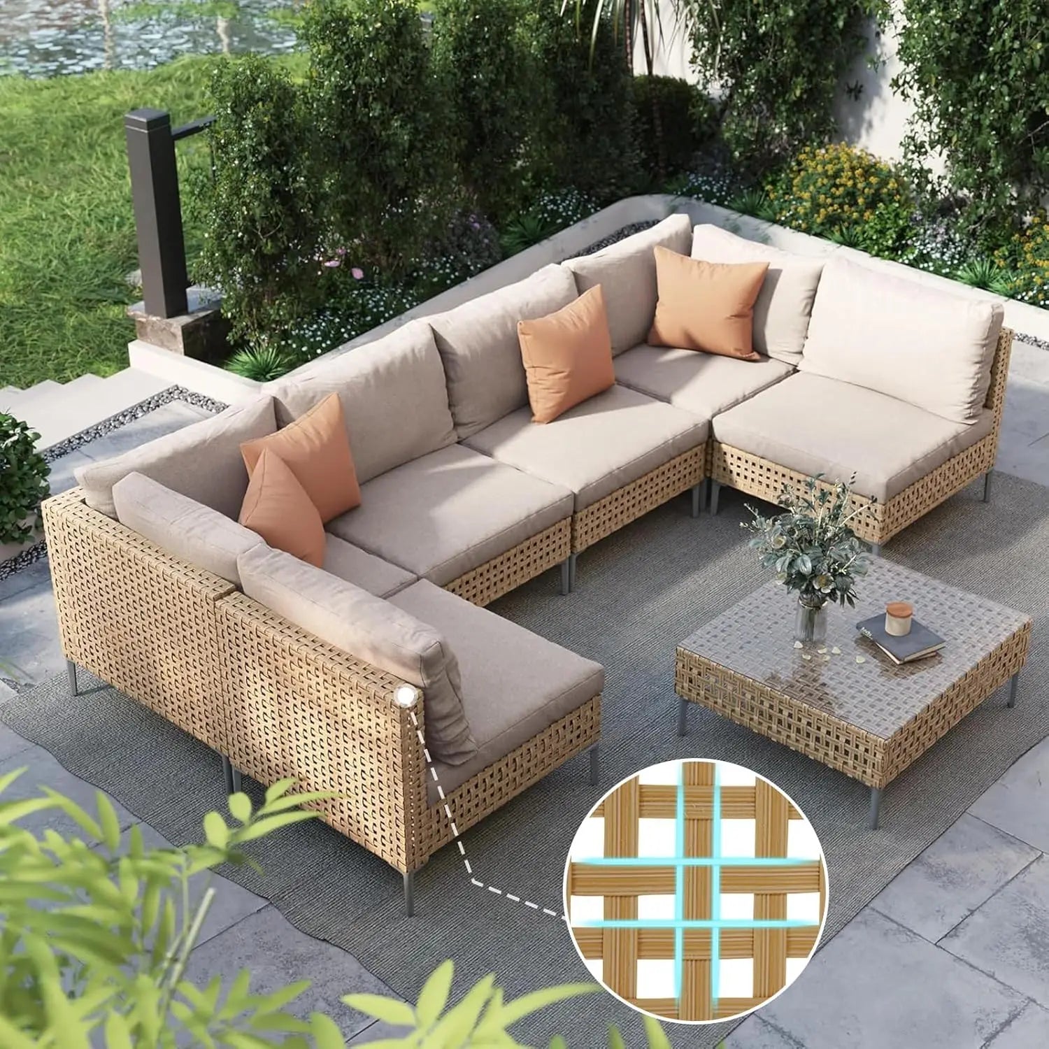 7pcs Wicker Outdoor Patio Furniture Set Sectional Sofa Coffee Table