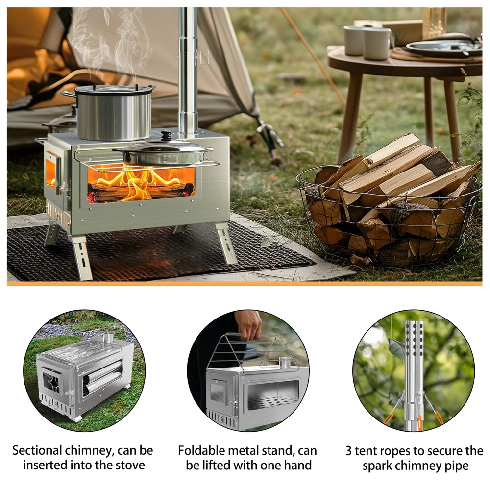 Portable Camping Wood Burning Stove Stainless Steel Tent Stove with 7 Chimney Pipes for Outdoor Camping