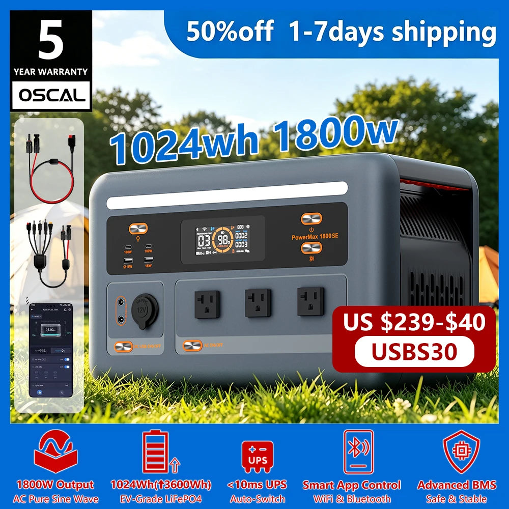 PowerMax 1800se 1800W/120V Portable Power Station 1024Wh LiFePO4 Continuous 3600W Surge 1H Fast Charge UPS Solar Generator