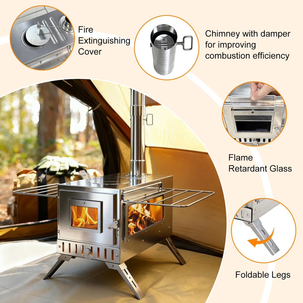 Portable Camping Tent Wood Stove for Outdoor Heating Stainless Steel Stove with 7 Chimney Pipes