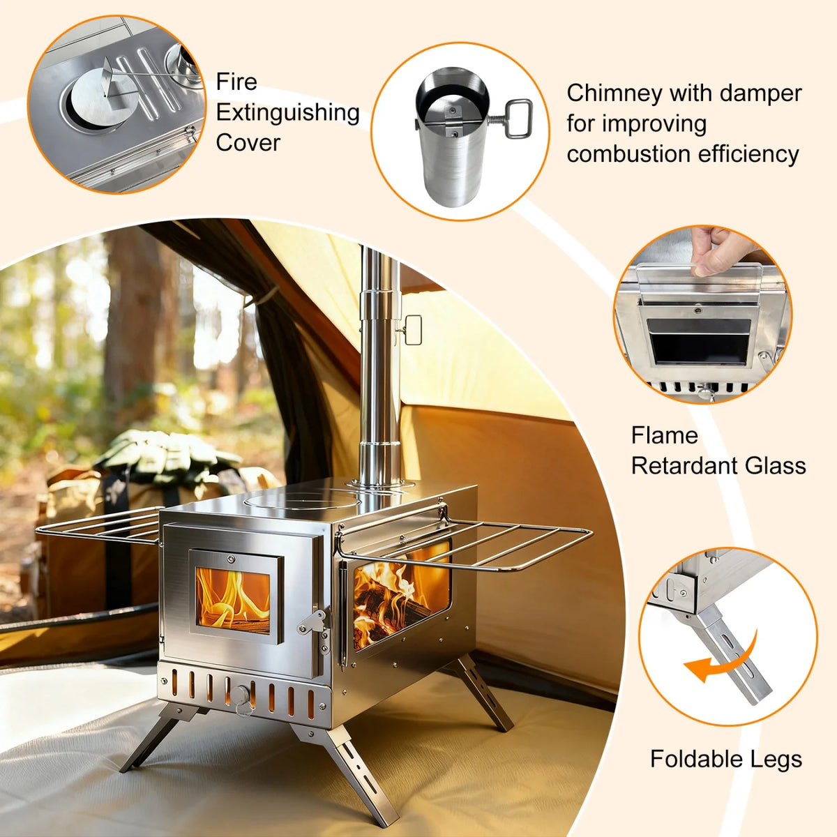 Portable Camping Tent Wood Stove for Outdoor Heating Stainless Steel Stove with 7 Chimney Pipes