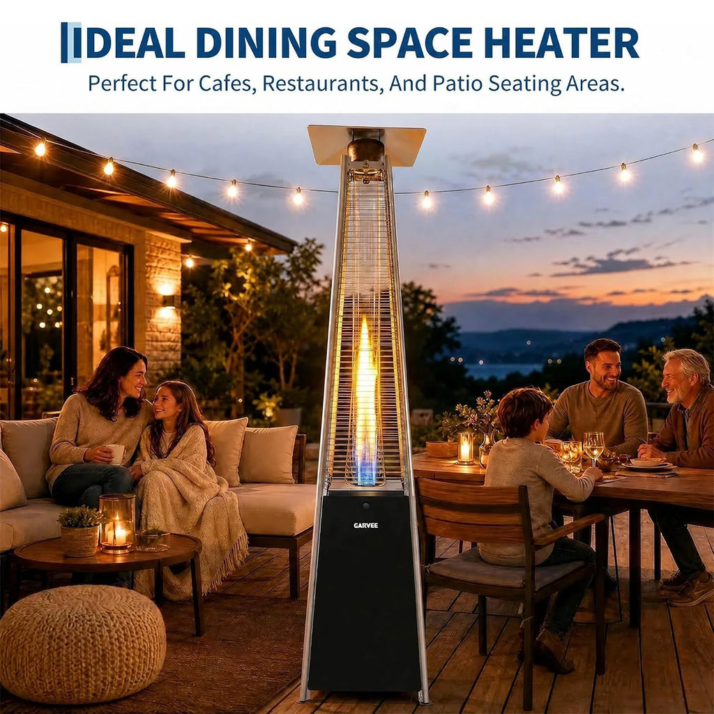 Pyramid Propane Patio Heater with Glass Tube Flame with Wheels Adjustable Heat Control Standing Heater for Patio Deck Garden Poolside Outdoor Dining
