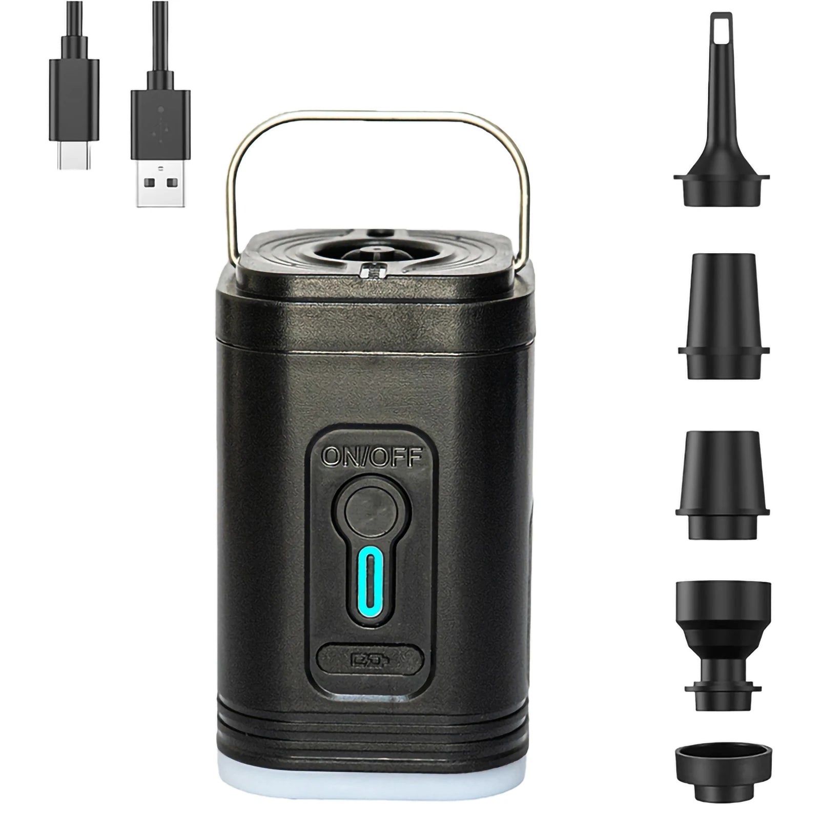 Portable Rechargeable Air Pump 5 Nozzles Electric Inflator with LED Light Type-C USB for Pool Mattress Swimming Ring