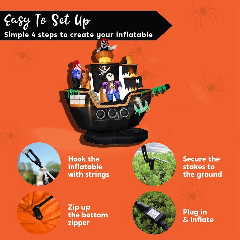Outdoor Halloween Inflatable Pirate Ship Decor with Skeletons & Ghosts, 7FT Tall, Built-in LED Lights, Waterproof, Includes Fan, Weight Bag, Stakes & Strings