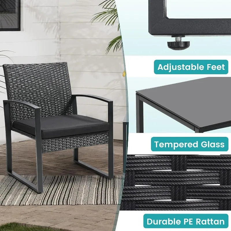 3 Piece Outdoor Wicker Bistro Set Rattan Patio Conversation Set with Coffee Table and Washable Cushions