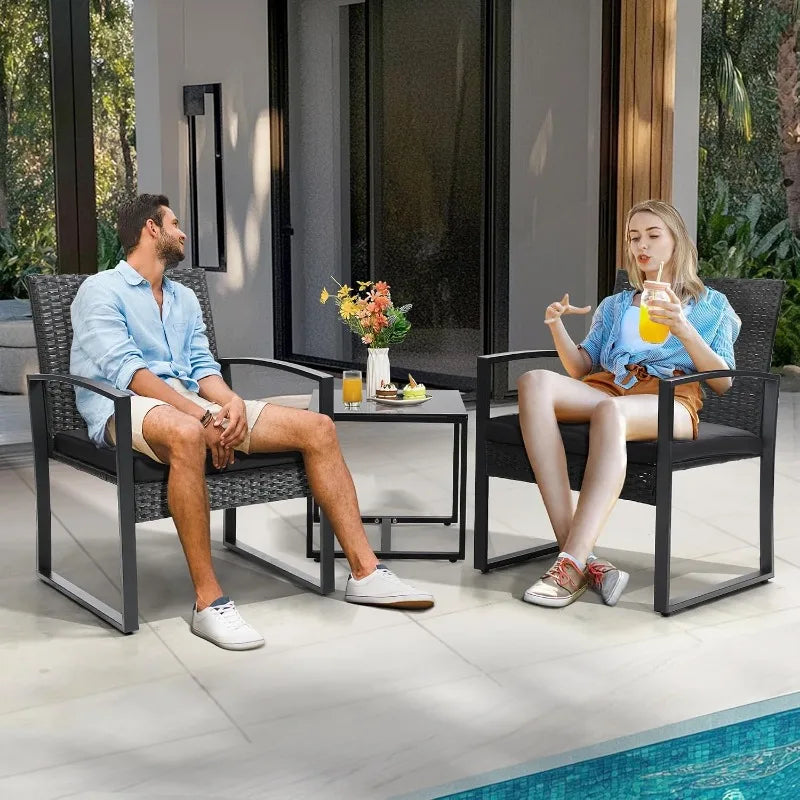 3 Piece Outdoor Wicker Bistro Set Rattan Patio Conversation Set with Coffee Table and Washable Cushions