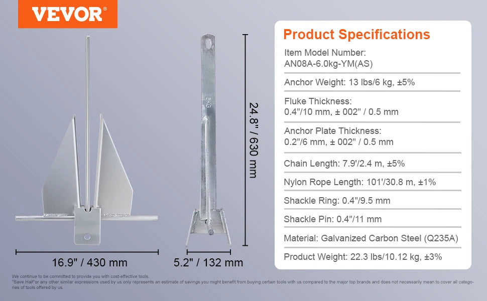 Fluke Style Anchor Kit, 13 LBS Hot-Dipped Galvanized Steel Fluke Anchor with 7.9' Chain 101' Rope and Two 0.4" Shackles
