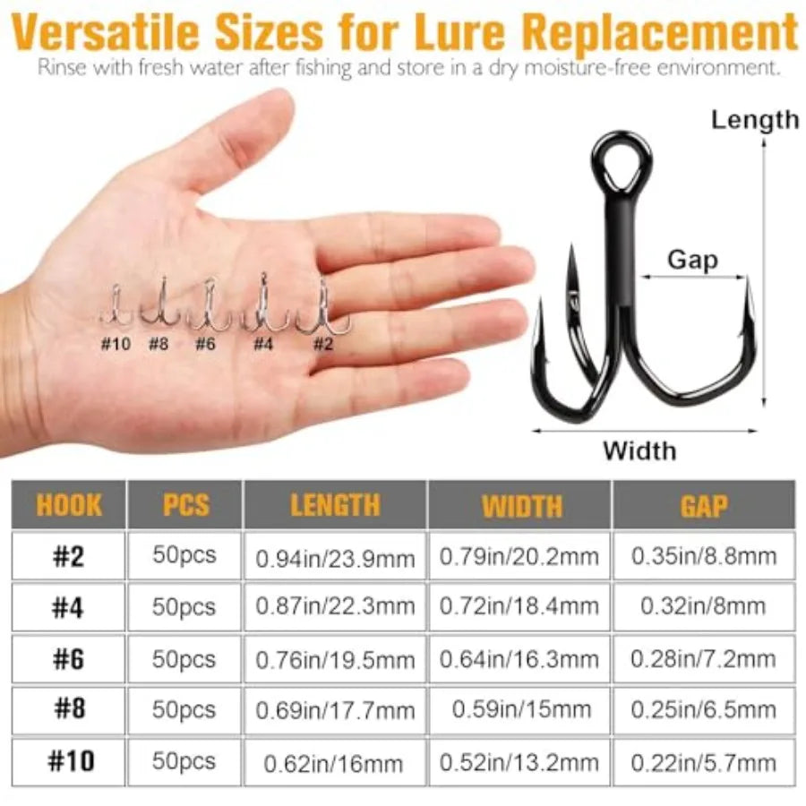 Fishing Treble Hooks, 3X Strong Forged Replacement Hooks for Lures 3-Sided Points, High-Carbon Steel