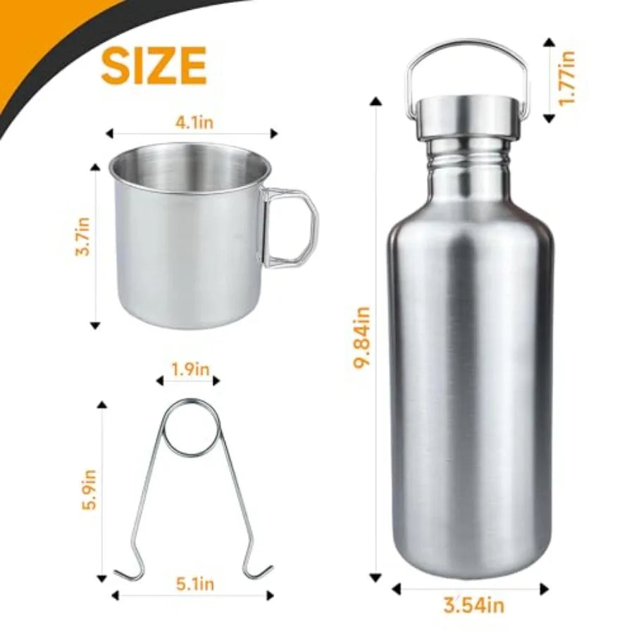 42oz Stainless Steel Water Bottle + 24oz Cup,  Folding Cutlery Set, Wide Mouth Hiking, Camping